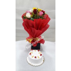 10 Mix Roses Bunch With Red Paper Packing  + 1/2 Kg. Pineapple cake